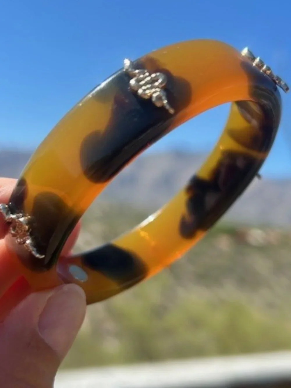 MMA Chunky Tortoise Lucite Bangle Bracelet: Gold Snake Details